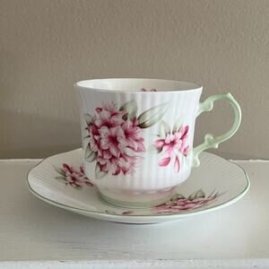 VTG Queen's Fine Bone China Teacup & Saucer, Ribbed Texture, Floral, Pink, Green
